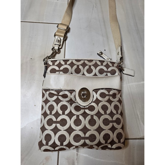 Coach Signature C Monogram Crossbody Bag Brown White Leather Trim Turnlock - Picture 12 of 16